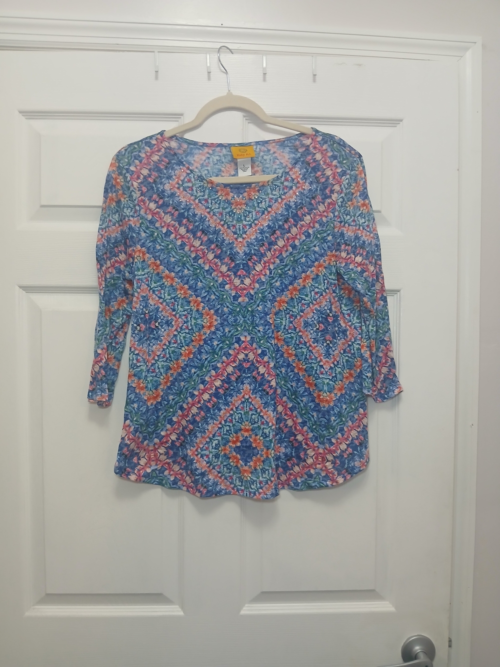 Ruby Rd. Blue Multi-Color Printed V-Neck Tunic
